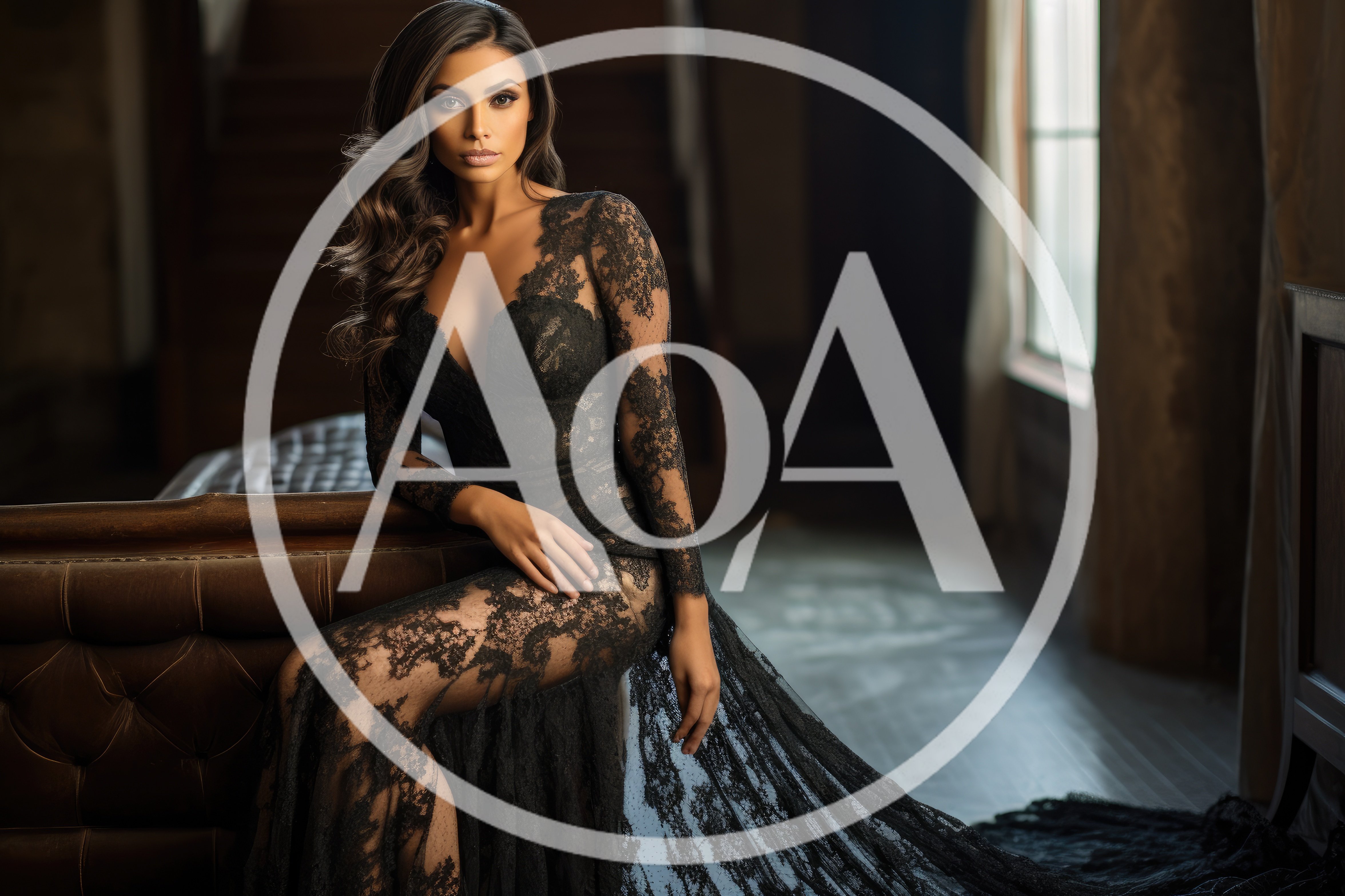 Elegant Woman In Black Lace Gown Sitting On Sofa