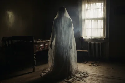 Ghostly Figure Standing In A Dark Abandoned Room