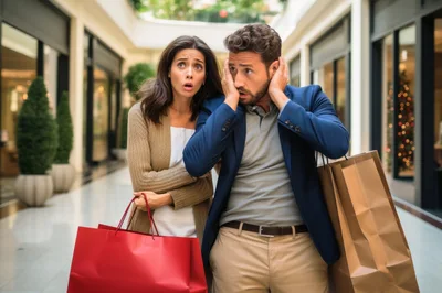 Shocked Couple Carrying Shopping Bags In A Mall