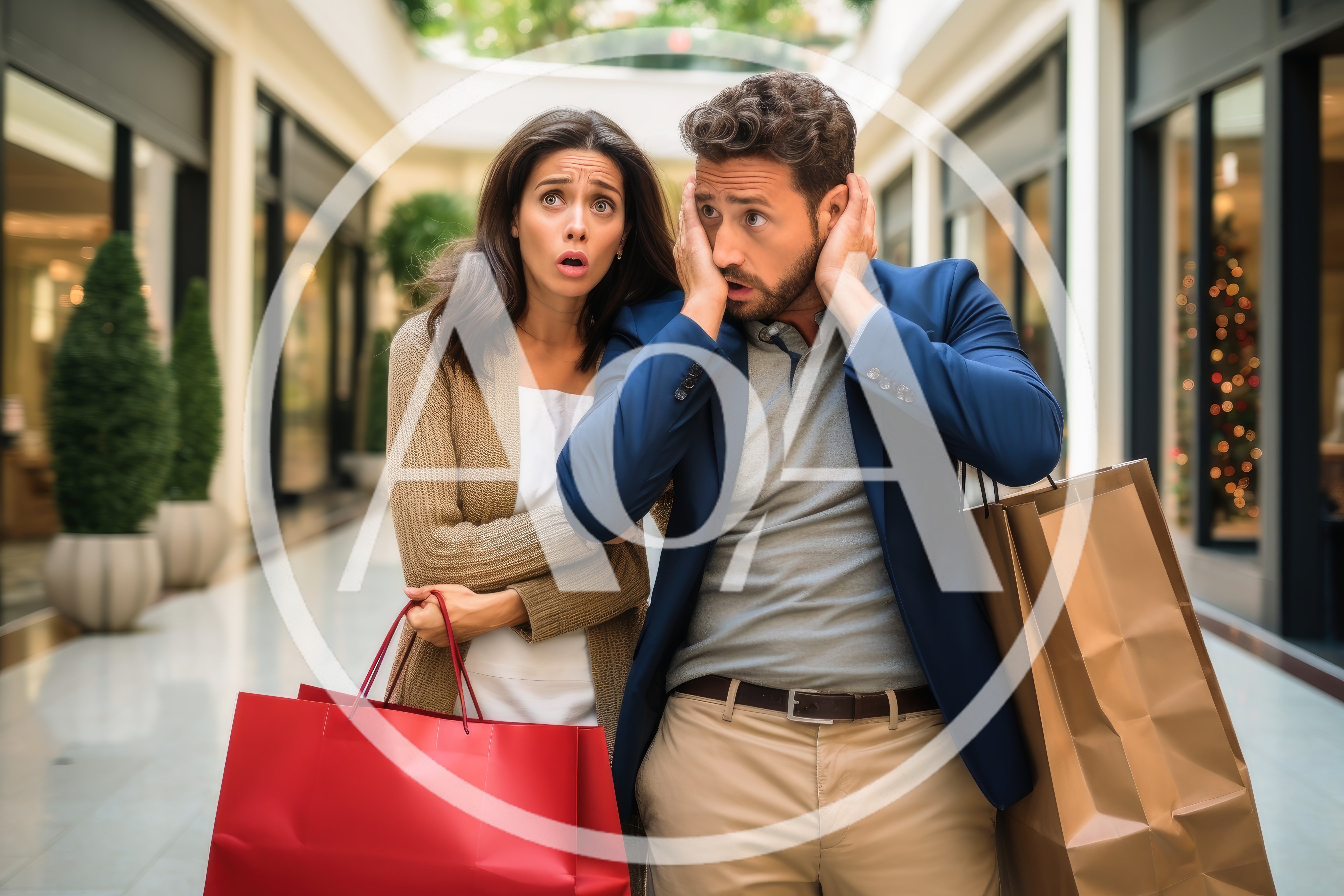 Shocked Couple Carrying Shopping Bags In A Mall