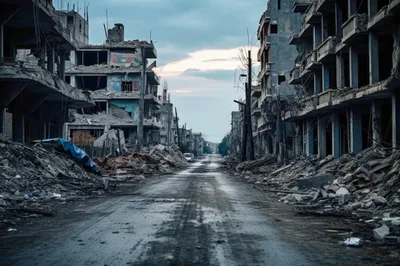 Devastated City Street After War Conflict