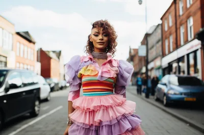 Drag Queen In Colorful Ruffled Dress On City Street