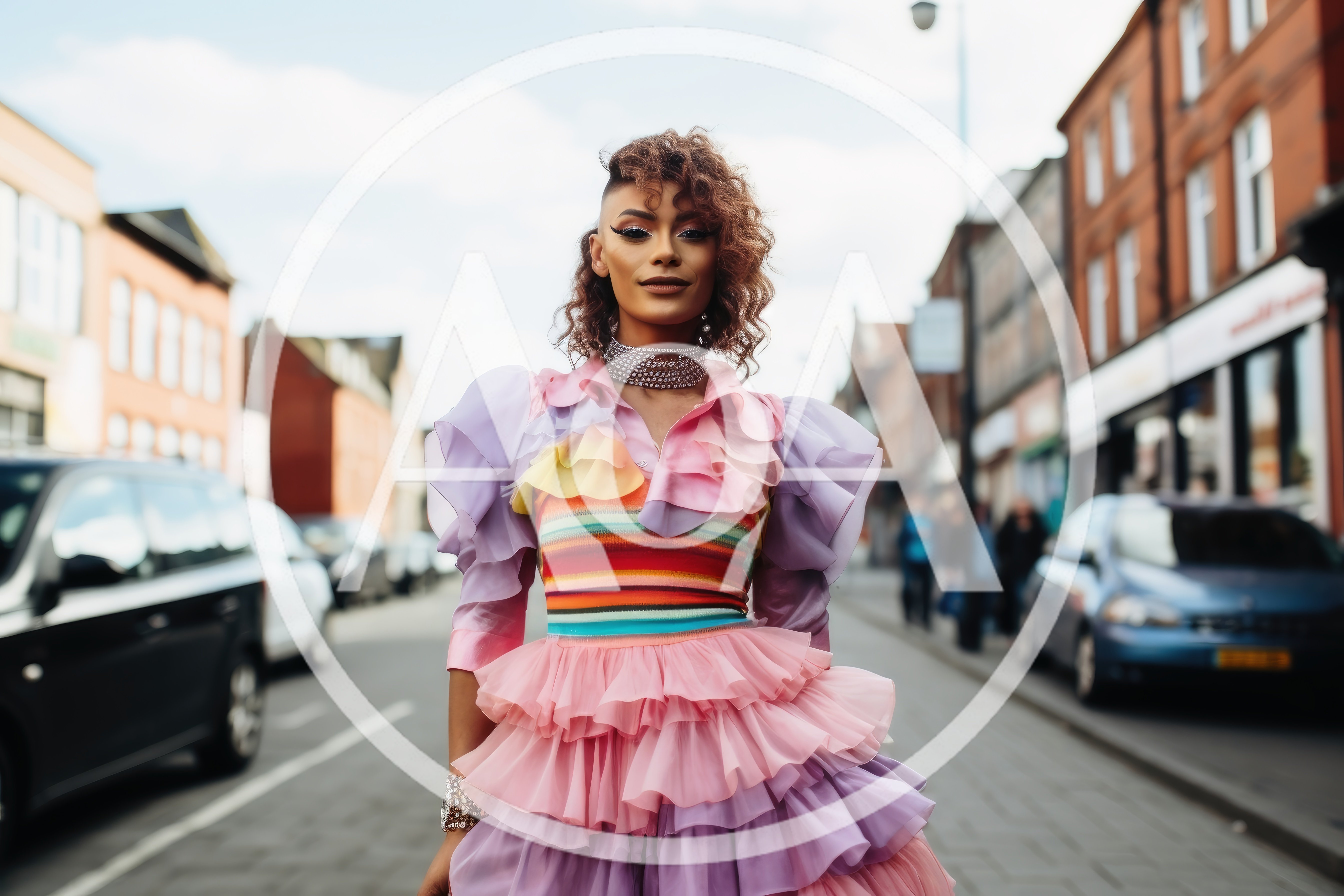 Drag Queen In Colorful Ruffled Dress On City Street