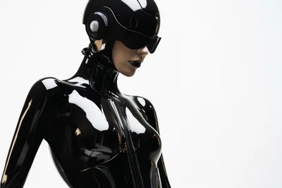 Futuristic Woman In Black Latex Suit And Helmet