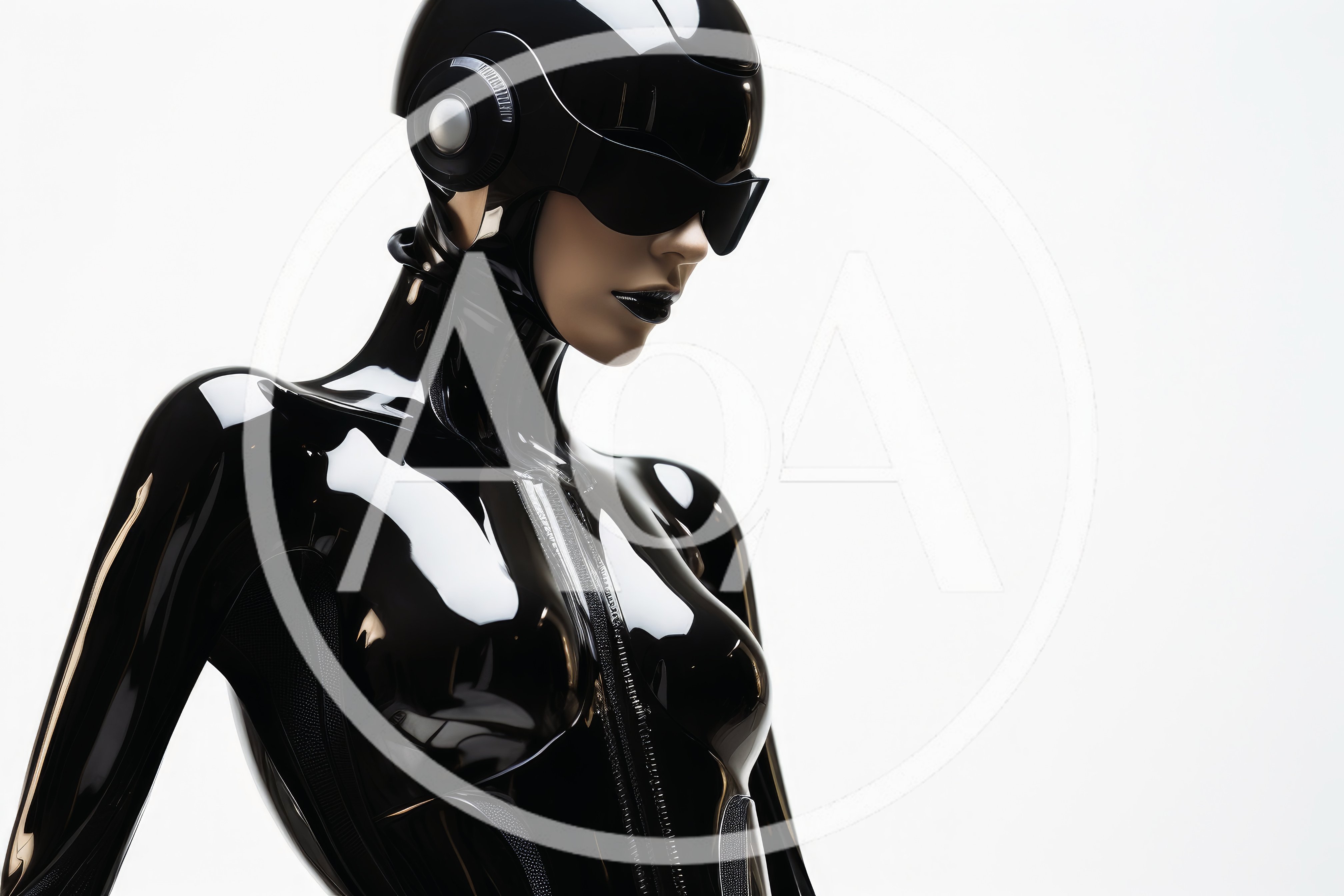 Futuristic Woman In Black Latex Suit And Helmet