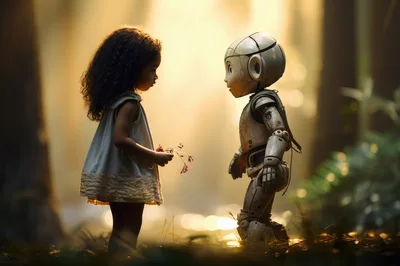 Young Girl Offering Flowers To A Small Robot