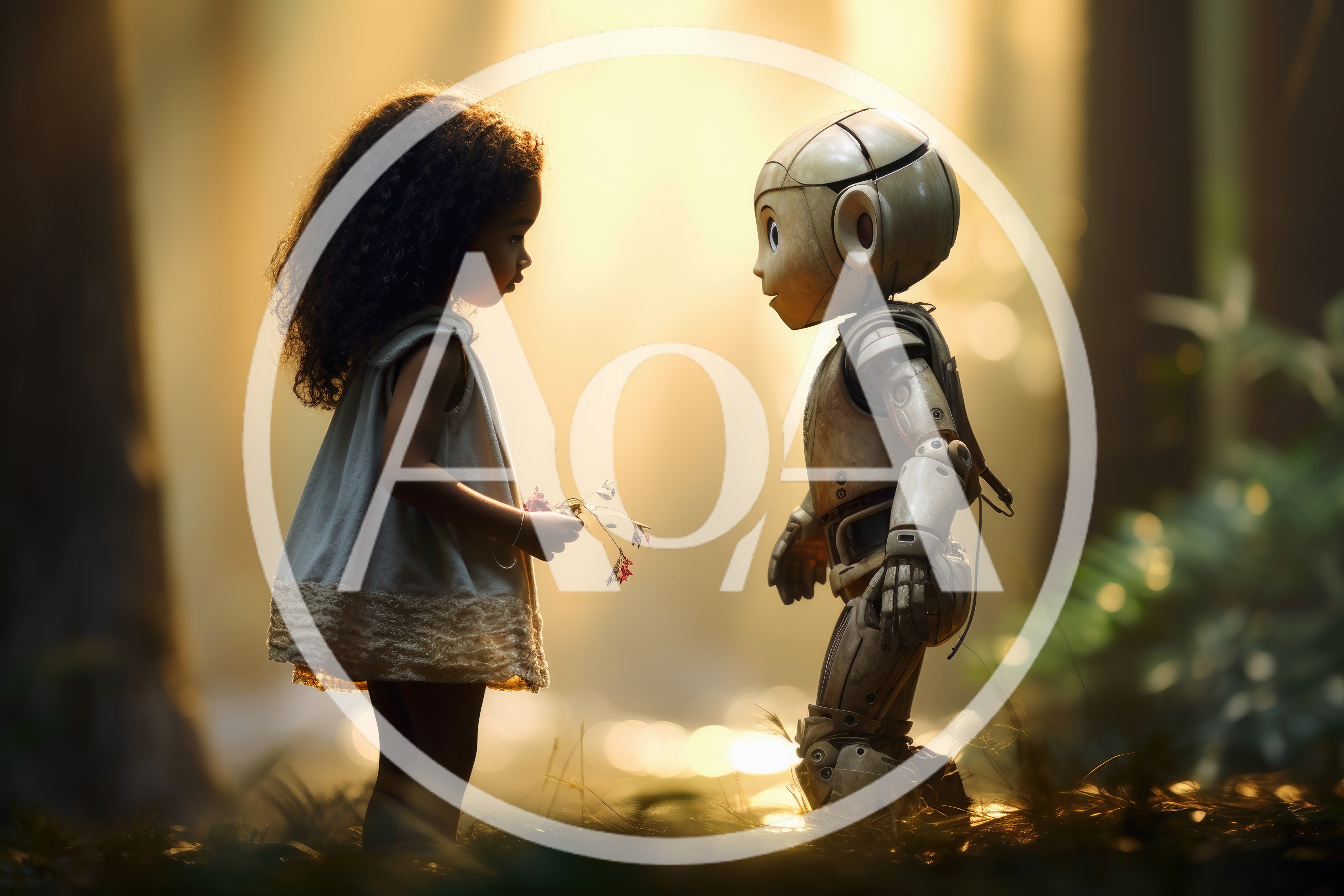 Young Girl Offering Flowers To A Small Robot