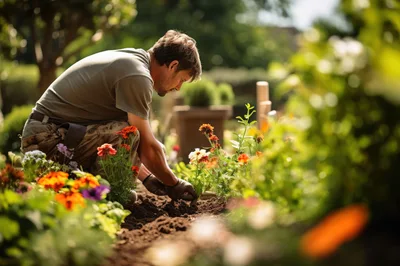Gardener Planting Flowers In A Sunny Garden