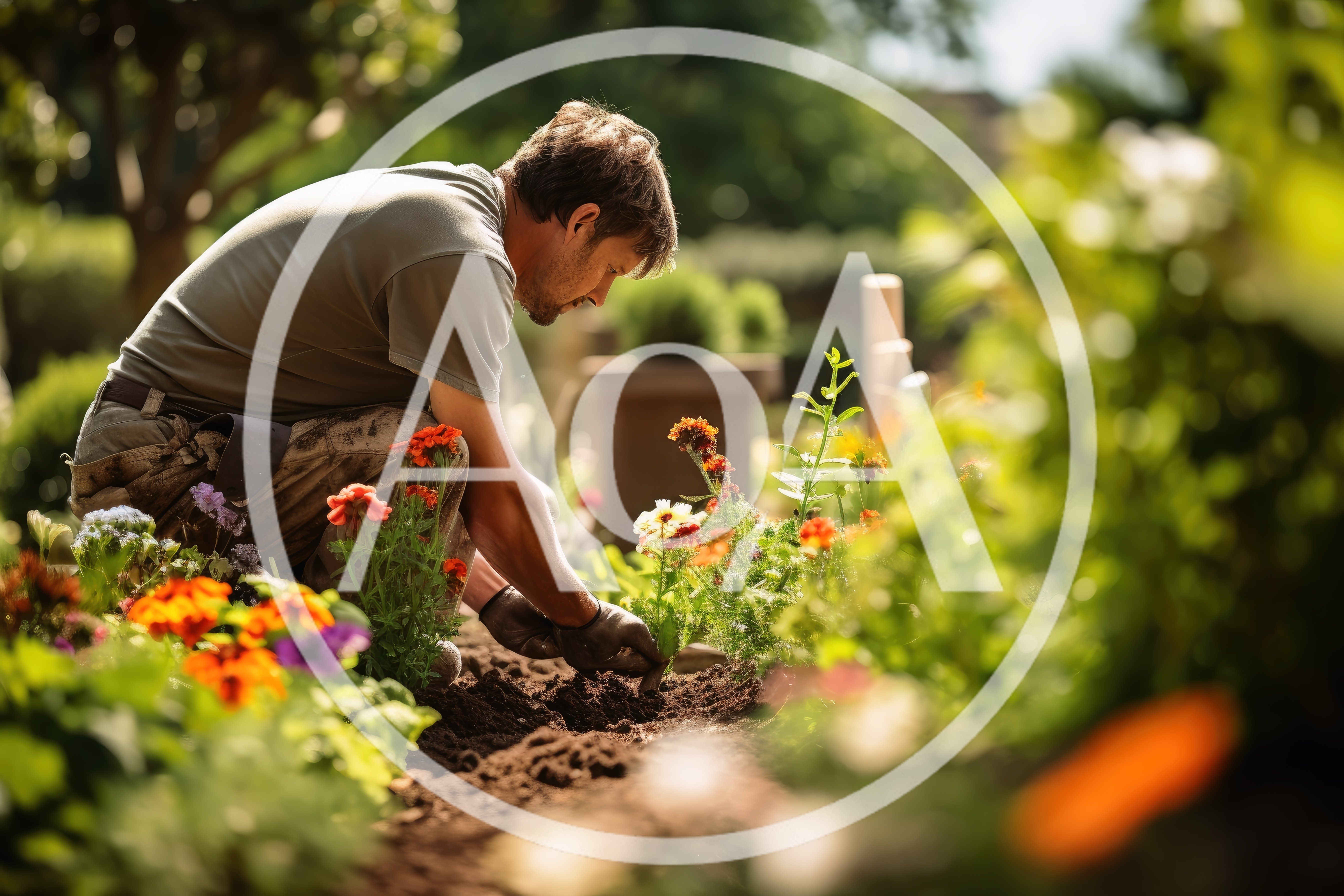 Gardener Planting Flowers In A Sunny Garden