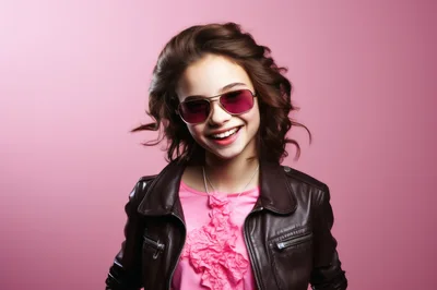 Smiling Young Woman Wearing Leather Jacket and Sunglasses