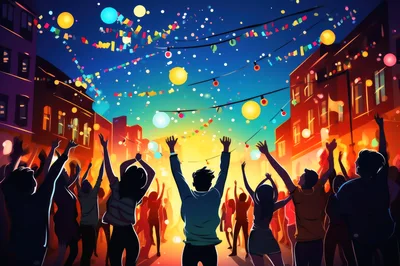 Crowd Celebrating at an Outdoor Night Street Party