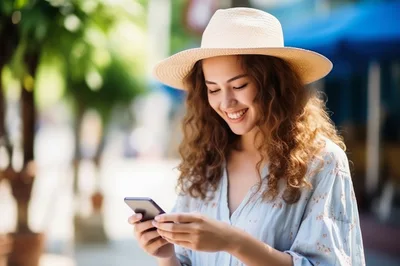 Young Woman Smiling While Using Smartphone Outdoors