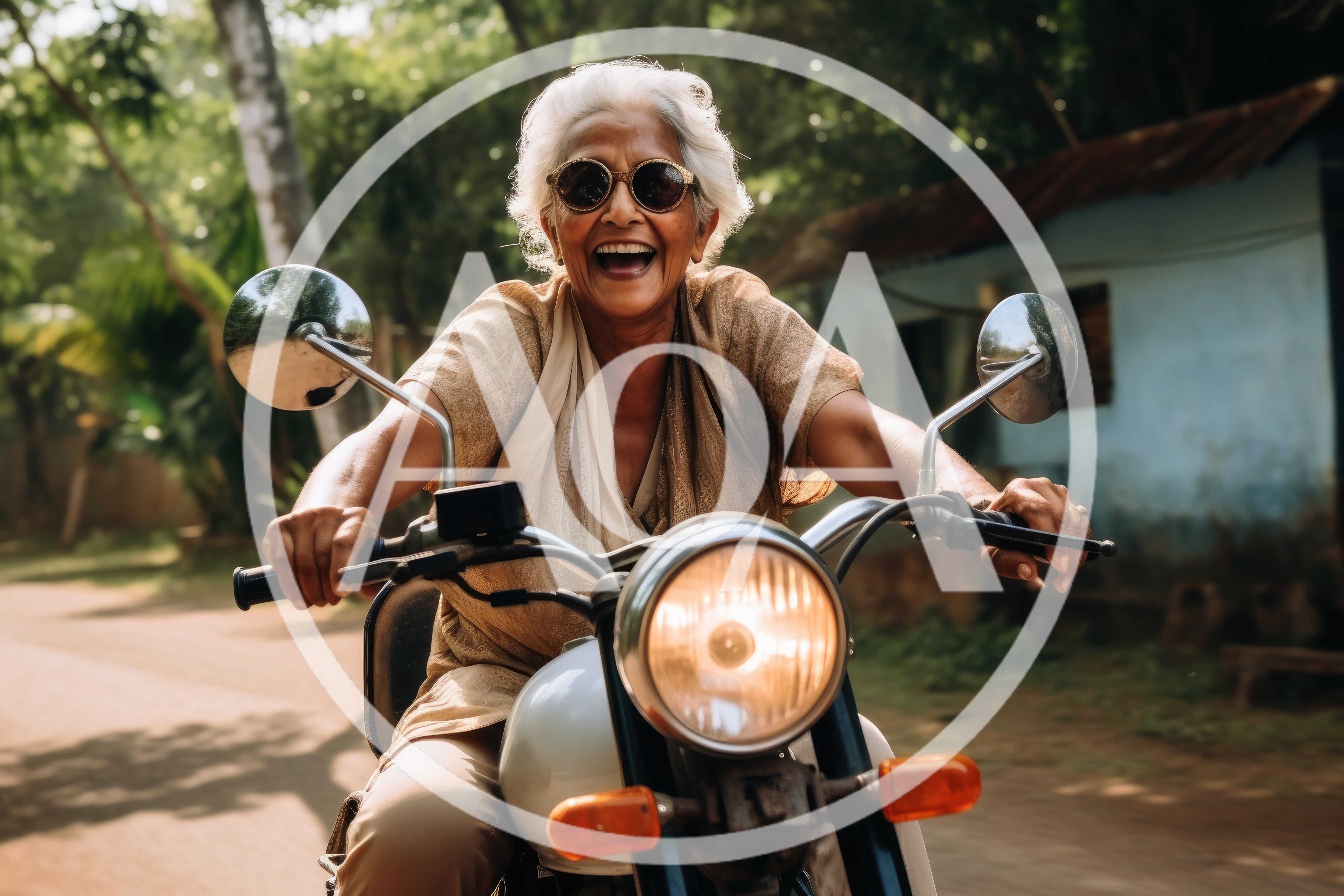 Joyful Elderly Woman Riding A Vintage Motorcycle