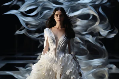 Fashion Model Wearing Avant Garde White Sculptural Gown