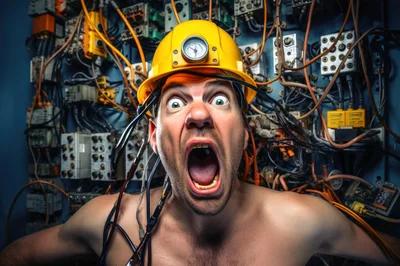 Shocked Electrician Screaming In Front Of Complex Wiring