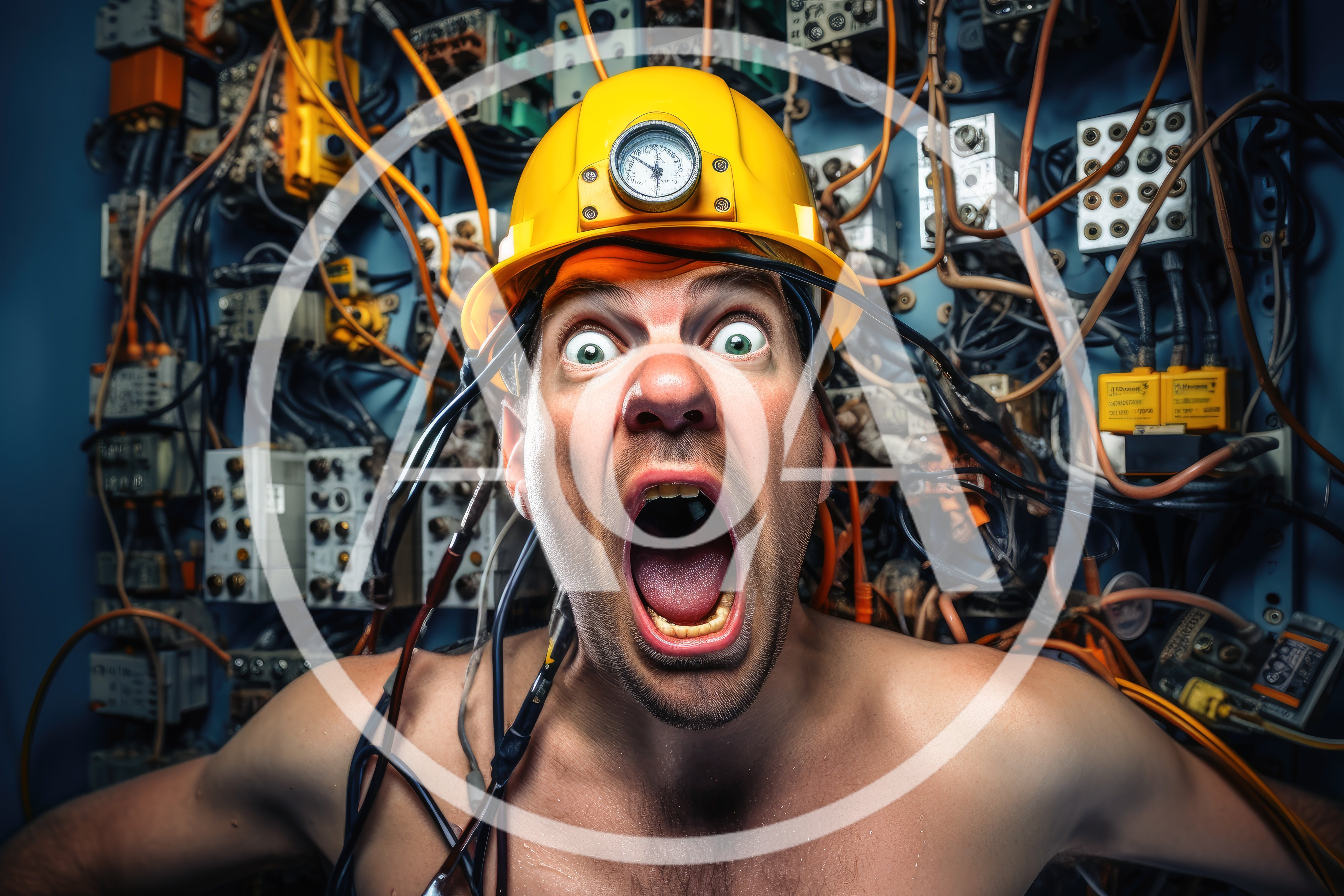 Shocked Electrician Screaming In Front Of Complex Wiring