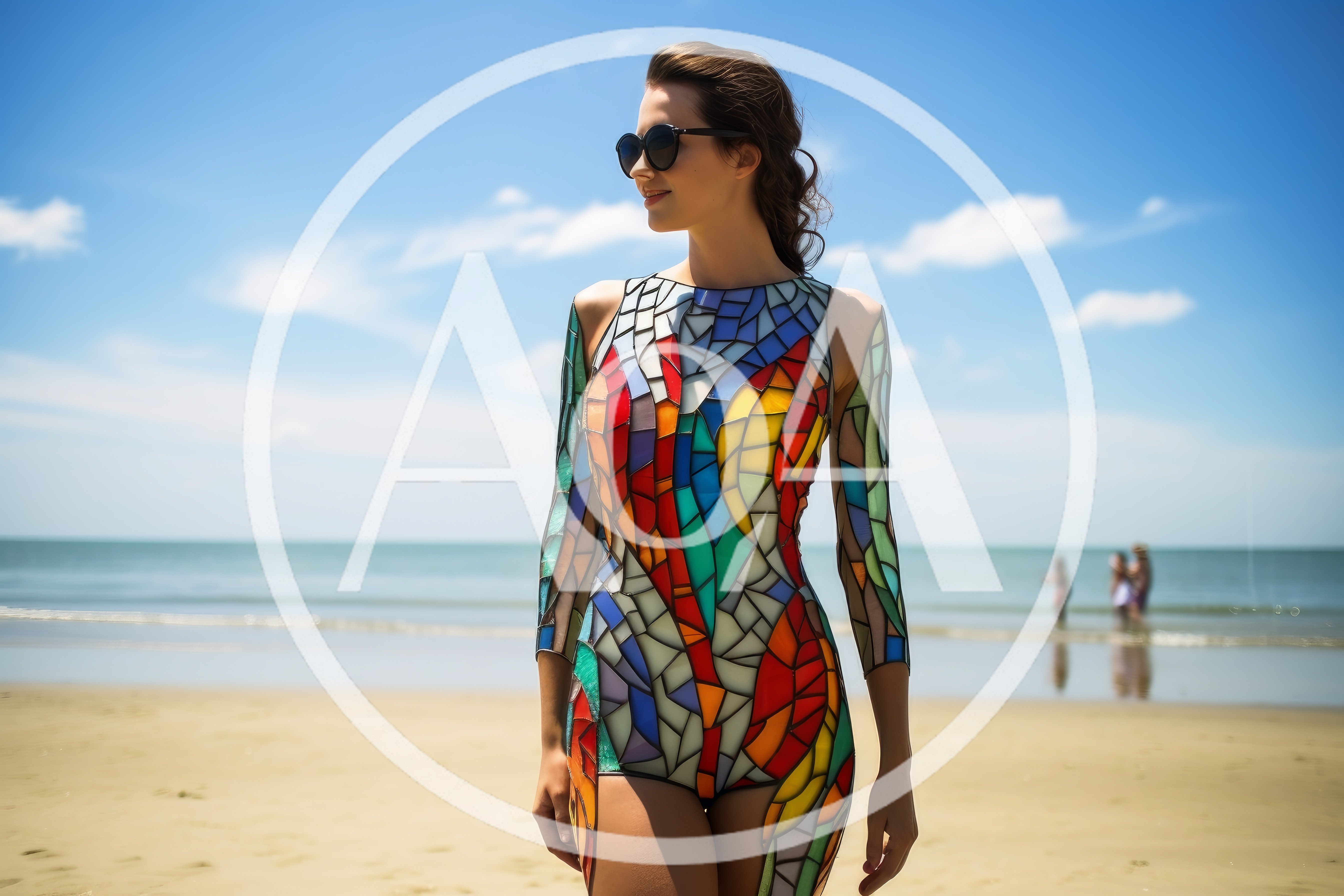 Woman Wearing Stained Glass Mosaic Bodysuit On Beach