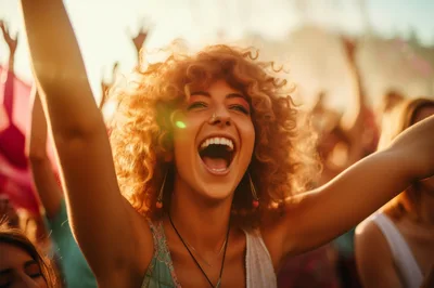Young Woman With Curly Hair Cheering At Music Festival