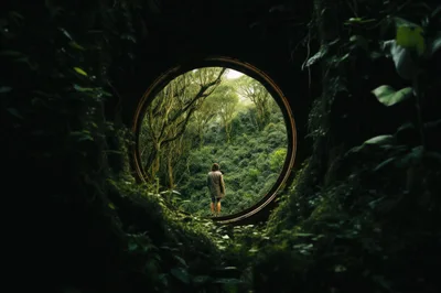 Person Standing In Circular Portal Overlooking Lush Forest