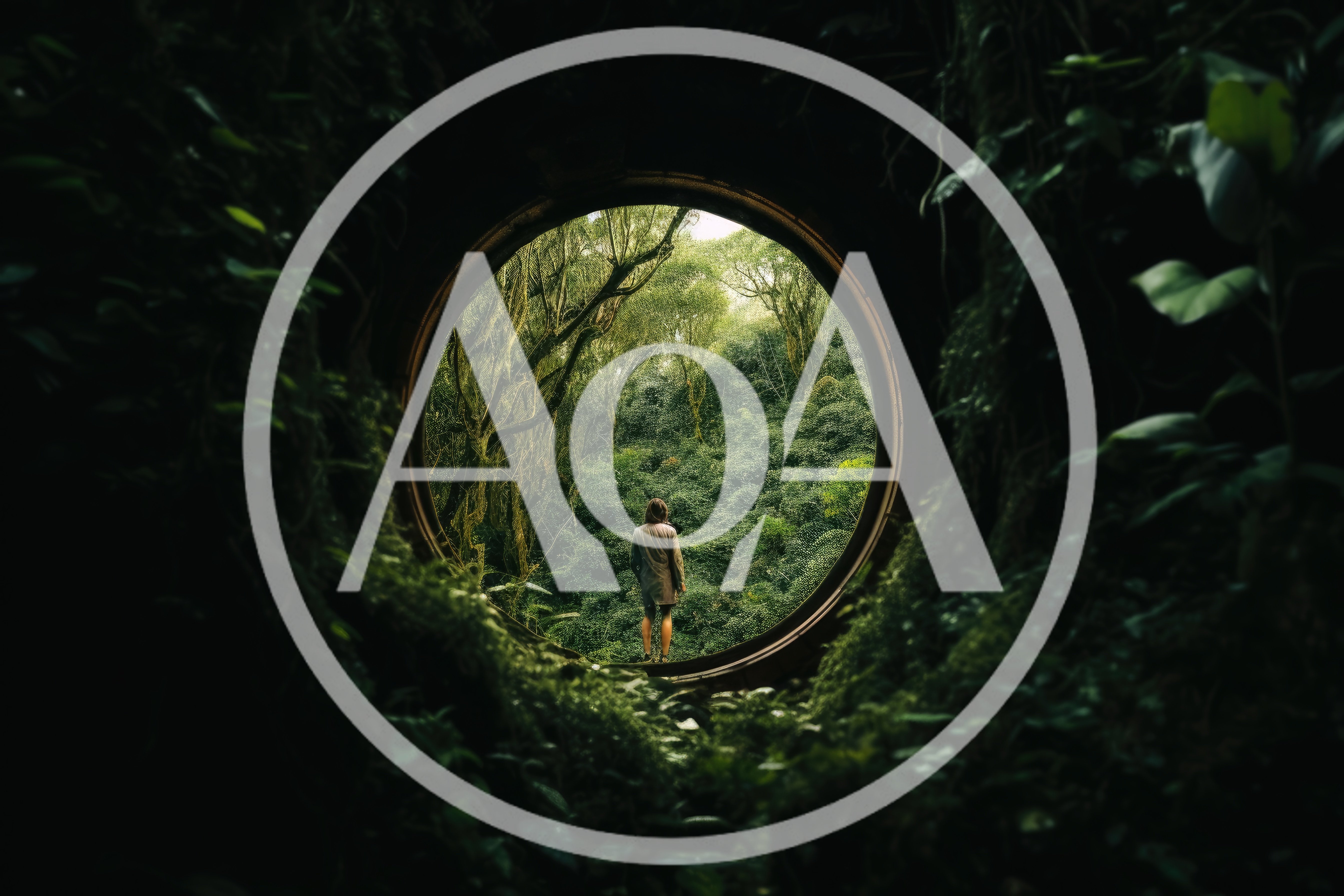 Person Standing In Circular Portal Overlooking Lush Forest