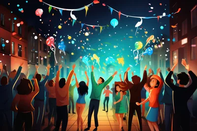 Crowd Celebrating At A Vibrant Night Street Party