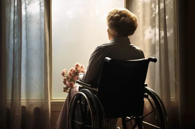 Elderly Woman Sitting In Wheelchair Looking Out Window