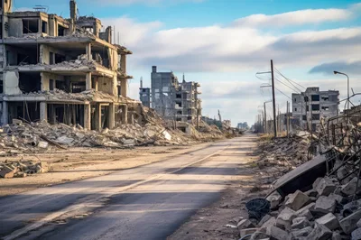 Devastated City Street With Ruined Buildings After Conflict