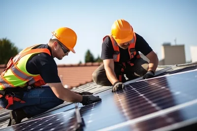Two Technicians Installing Solar Panels On A Residential Roof