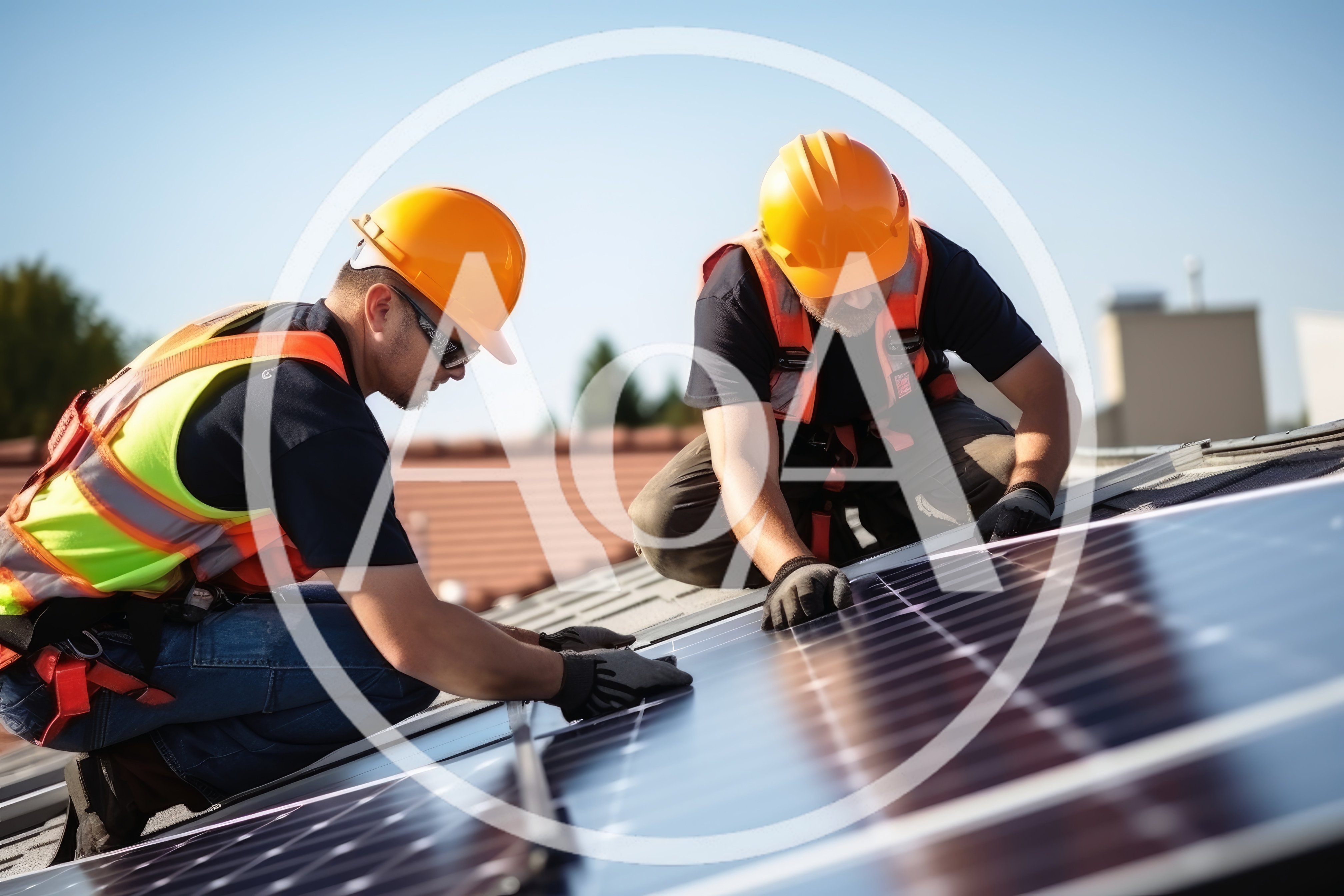 Two Technicians Installing Solar Panels On A Residential Roof