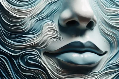 Abstract Sculptural Face With Flowing Wave Patterns