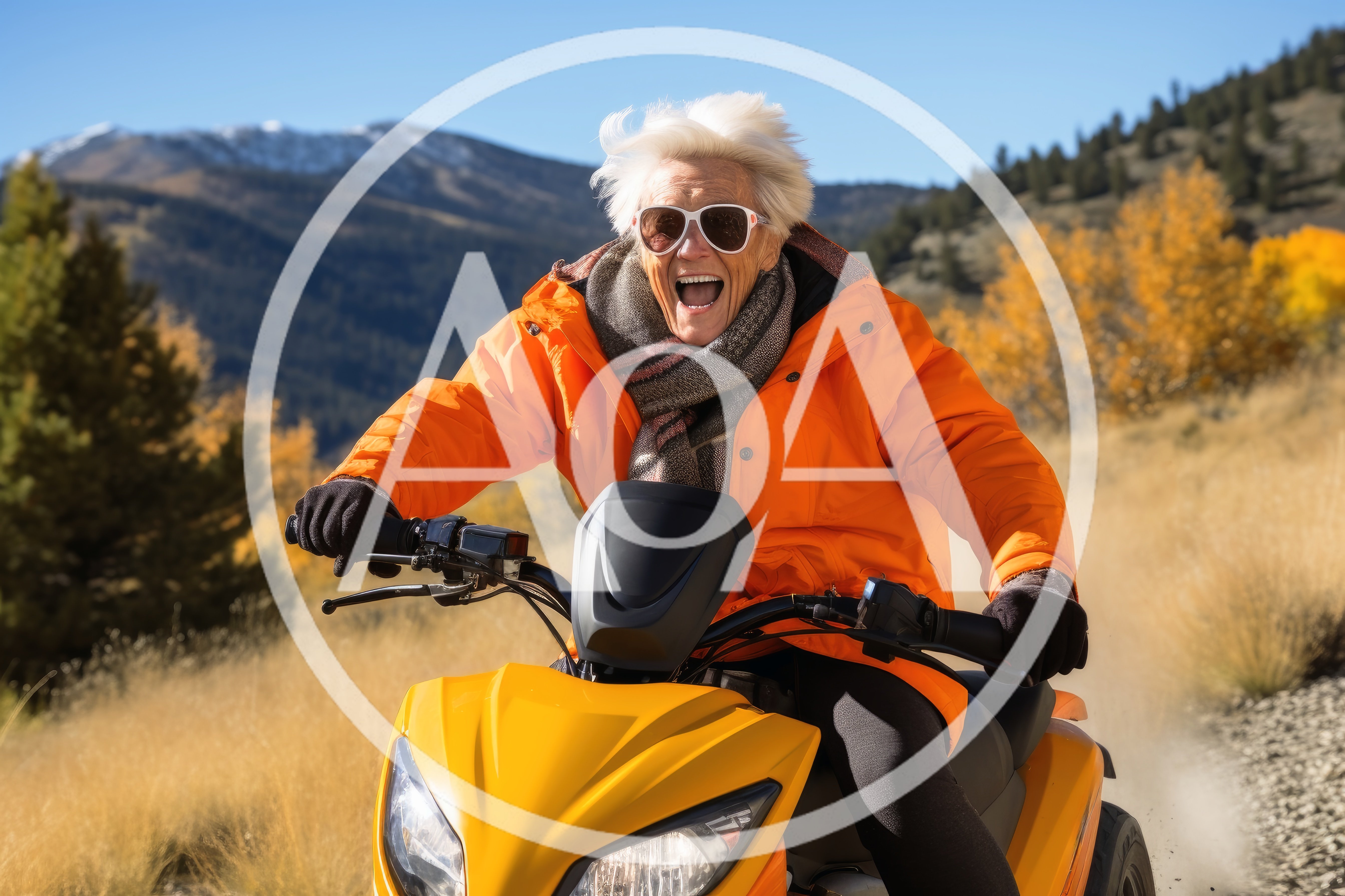 Elderly Woman Riding Yellow Scooter Through Mountain Landscape