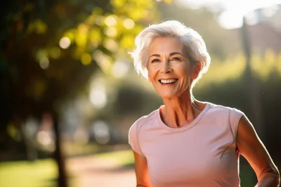 Active Senior Woman Jogging Outdoors In Sunlight