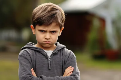 Portrait Of A Grumpy Young Boy With Crossed Arms