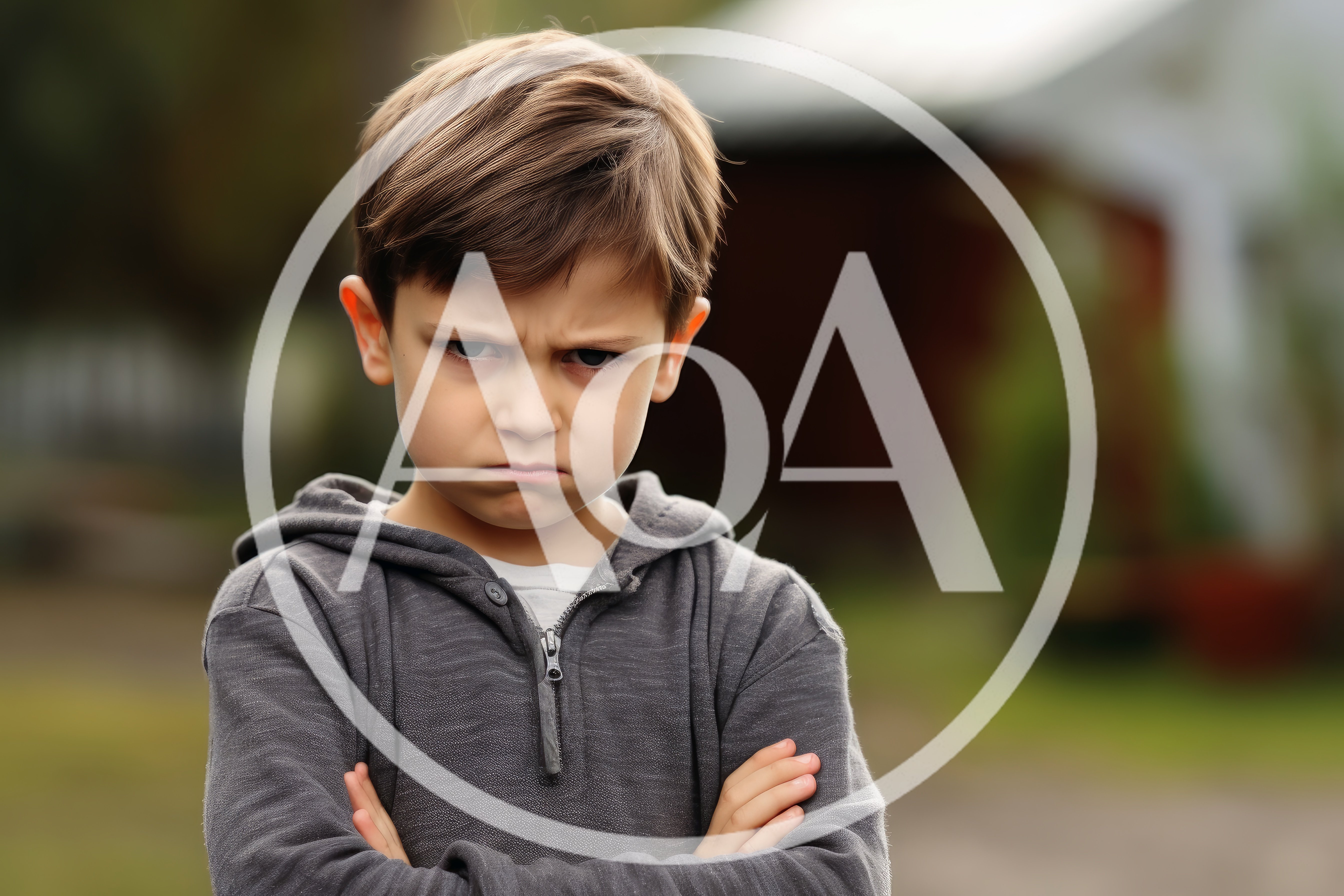 Portrait Of A Grumpy Young Boy With Crossed Arms