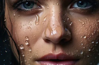 Close Up Portrait Of A Woman With Wet Skin