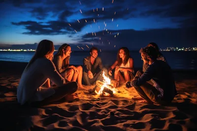 Friends Enjoying A Beach Bonfire At Night