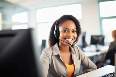 Smiling Customer Service Representative Wearing Headset In Office