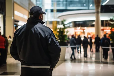 Security Guard Standing In A Busy Shopping Mall