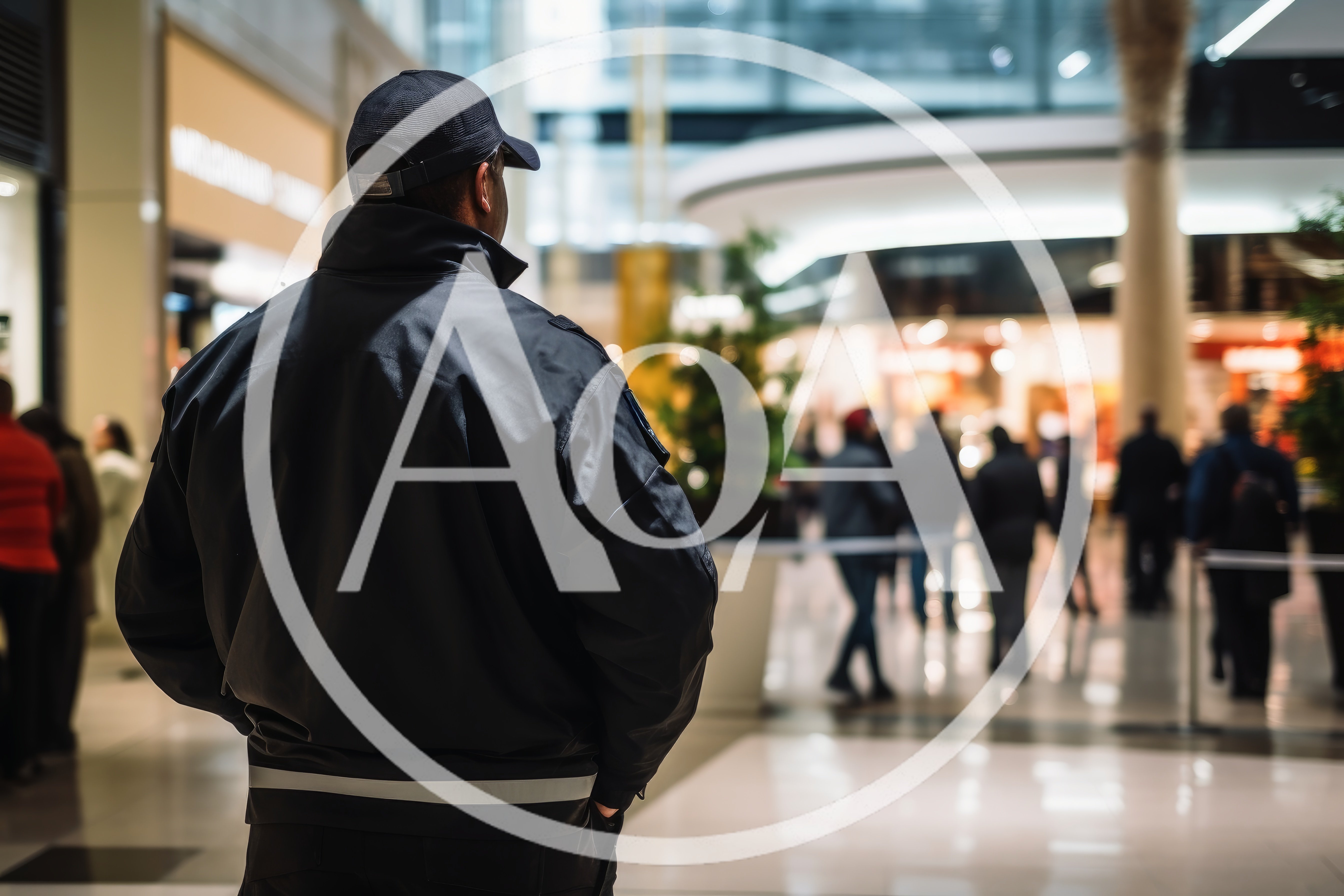 Security Guard Standing In A Busy Shopping Mall