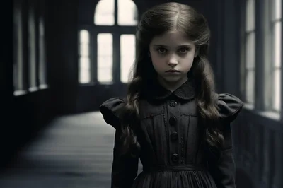 Young Girl in Victorian Dress Standing in Dark Hallway