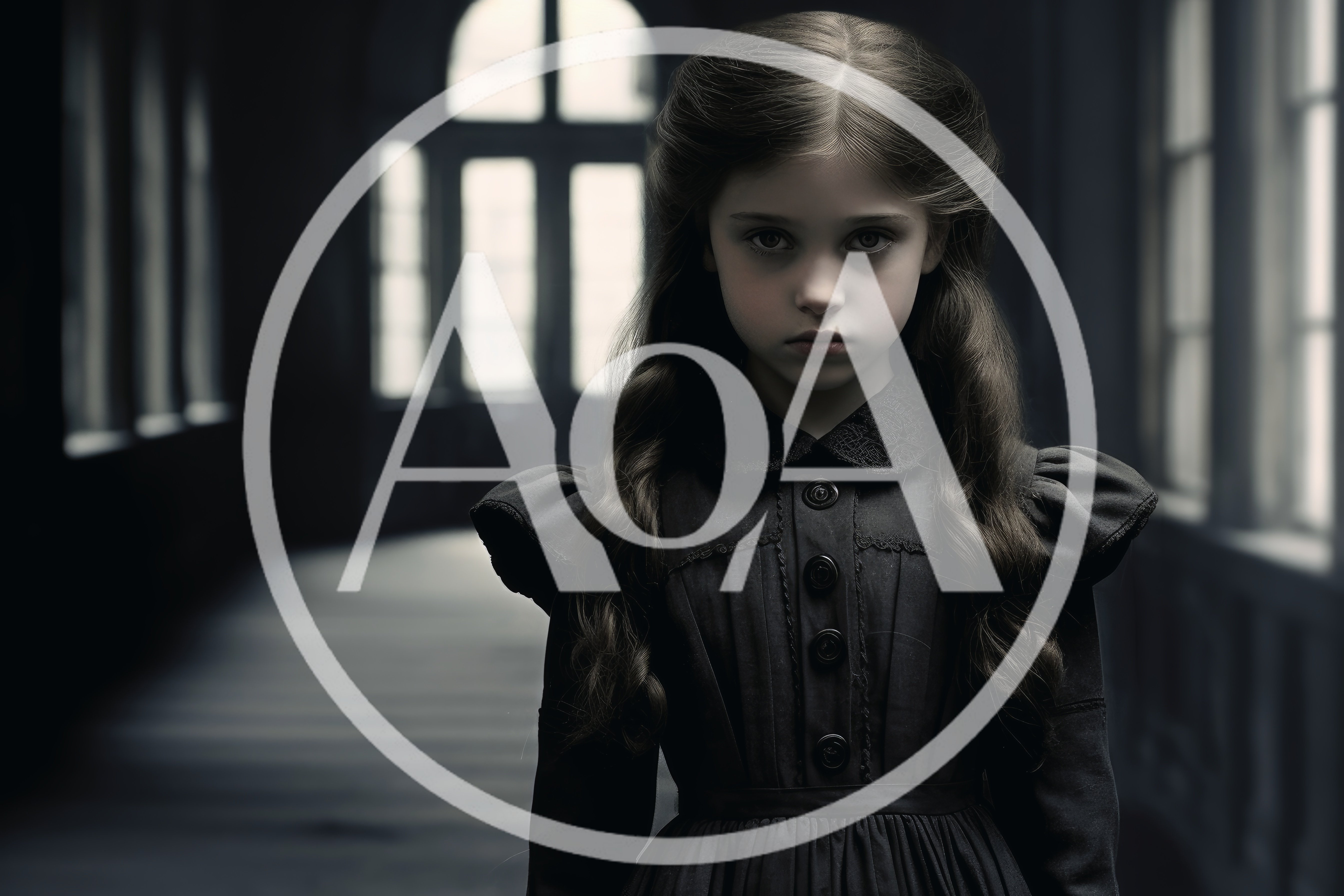Young Girl in Victorian Dress Standing in Dark Hallway