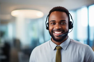 Smiling African American Customer Service Representative Wearing Headset