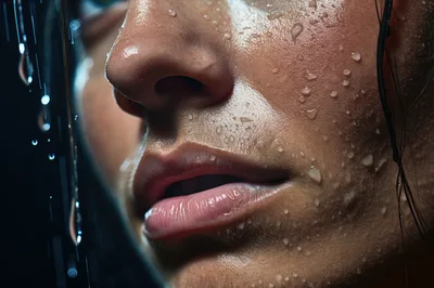 Close Up Of A Woman Face Under Water Stream