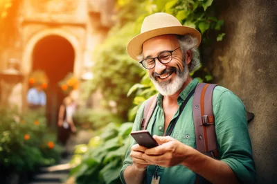 Happy Senior Tourist Using Smartphone Outdoors