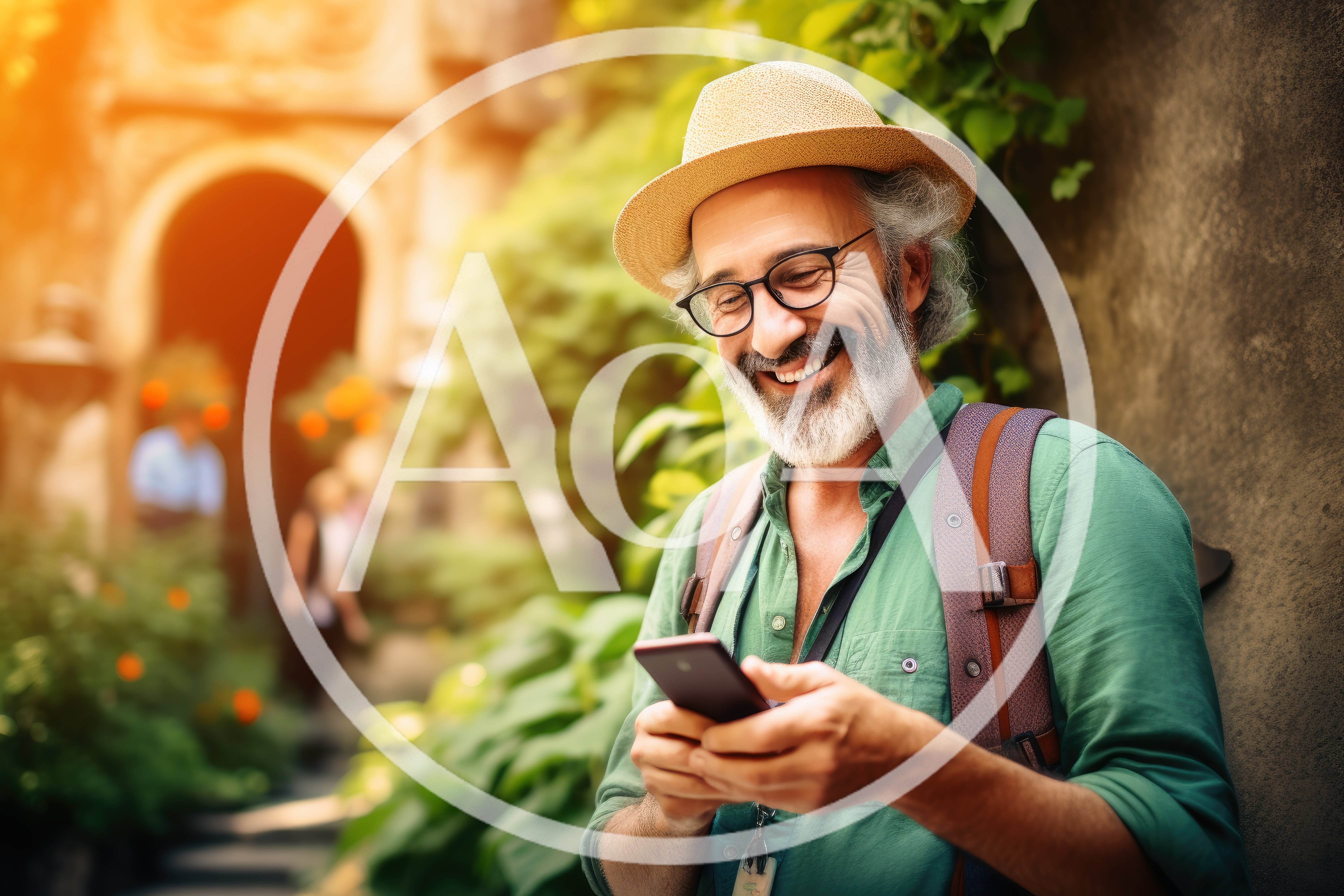 Happy Senior Tourist Using Smartphone Outdoors