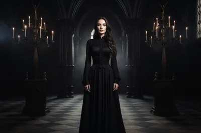 Elegant Woman Standing In A Dark Gothic Cathedral
