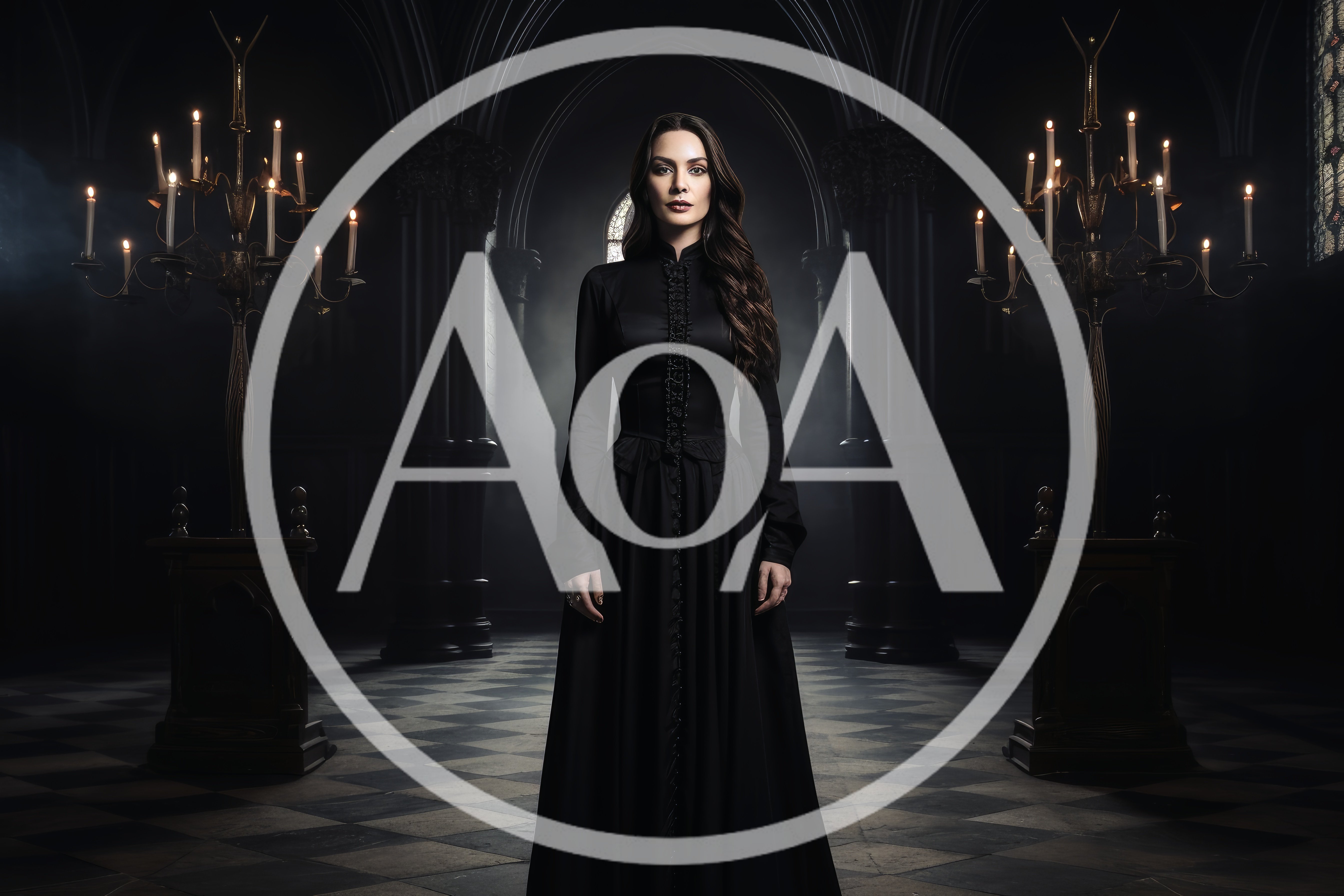 Elegant Woman Standing In A Dark Gothic Cathedral