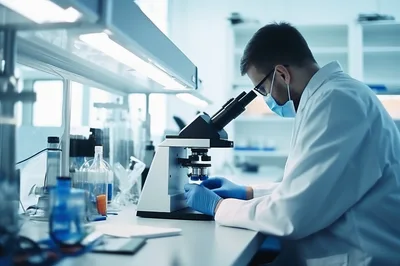 Scientist Examining Samples Under Microscope In Laboratory