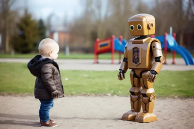 Toddler Standing Face To Face With A Friendly Robot