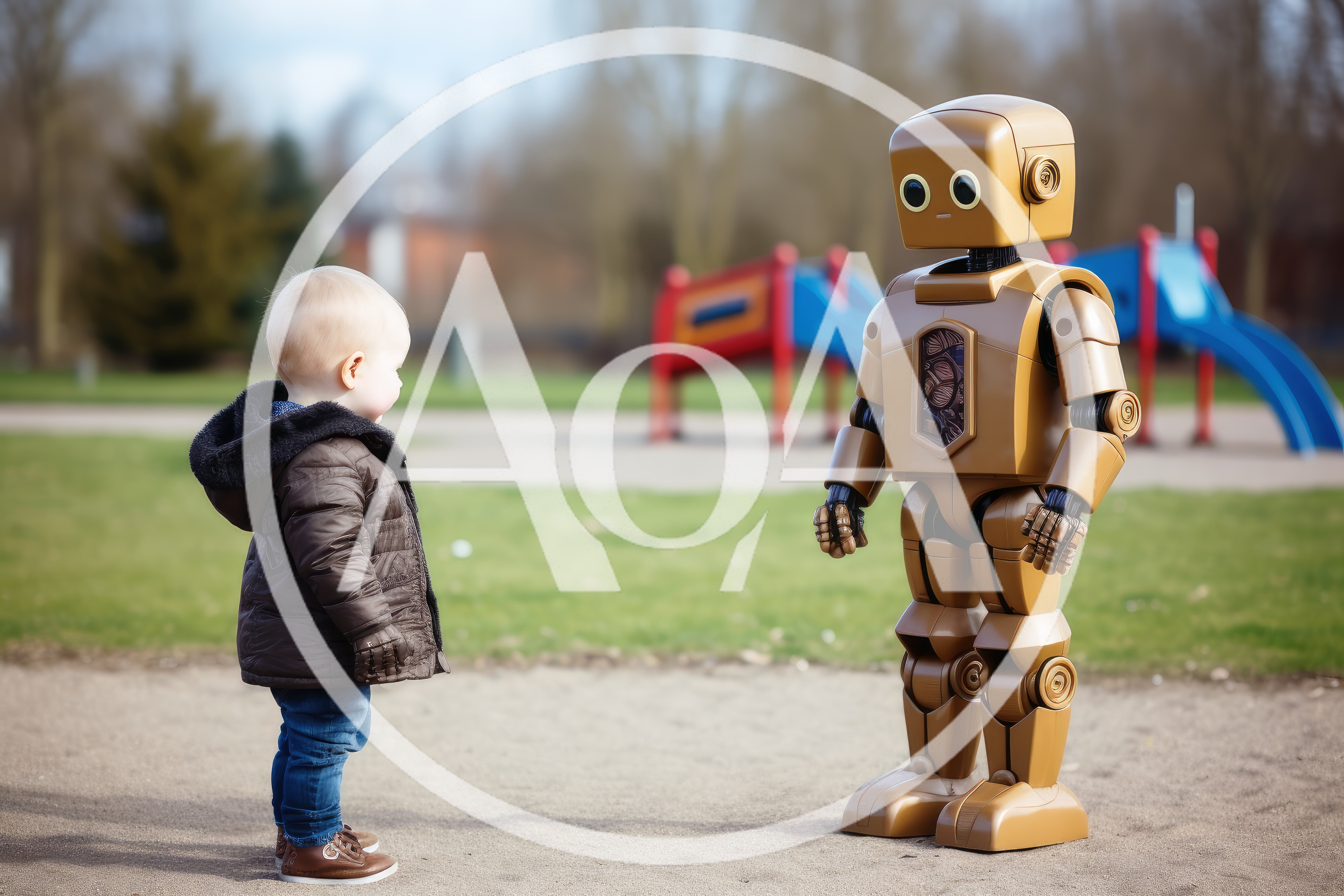 Toddler Standing Face To Face With A Friendly Robot